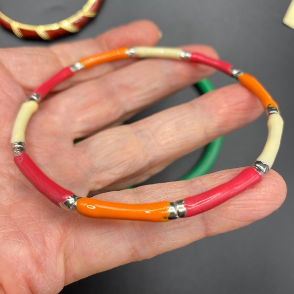Bracelet Bangle Lot Of 3 Glass Bangle Enamel Hinged Green Orange Casual Bundle - Picture 4 of 8